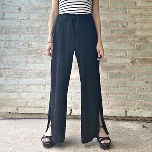 Anthropologie Palazzo Pant Black Textured Knit Tie Waist Split Leg Wide Leg M